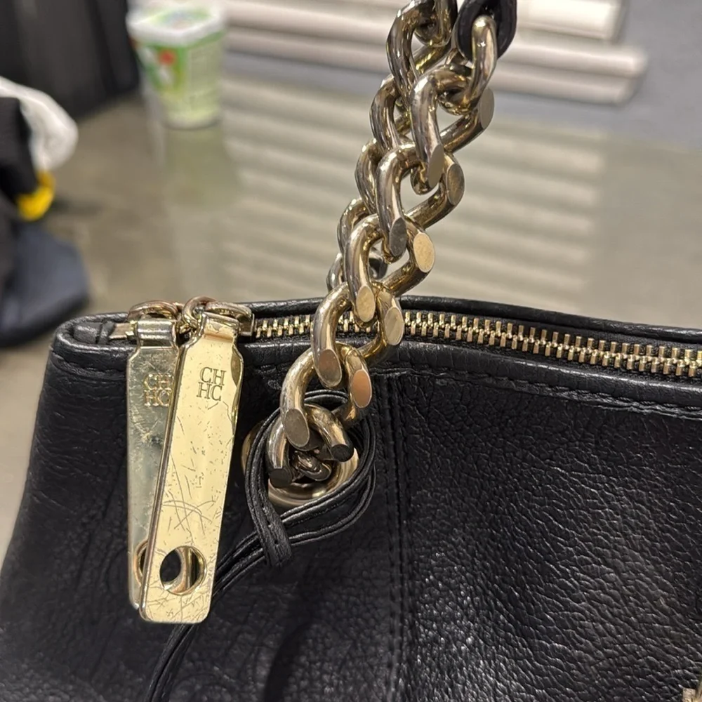 Carolina Herrera Black Monogram Embossed Leather Dahlia Hobo